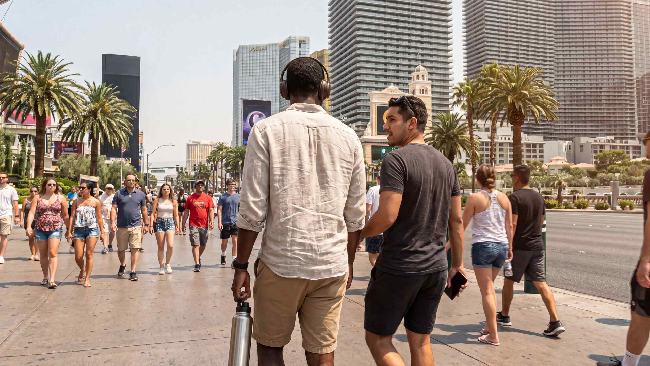 Two men walking the Las Vegas strip.